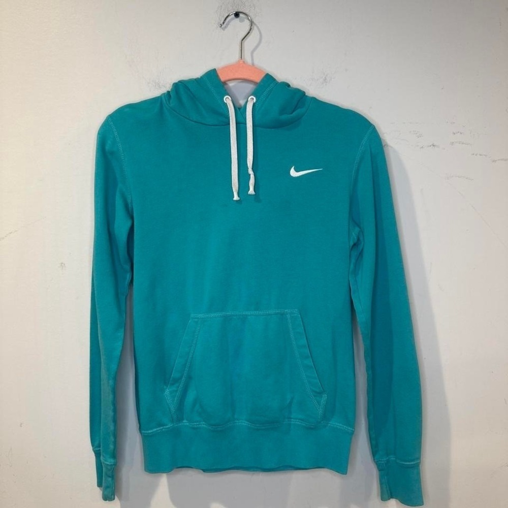 Vintage 2014 Nike Blue Tag Teal Pullover Hoodie White Embroidered Swoosh SMALL